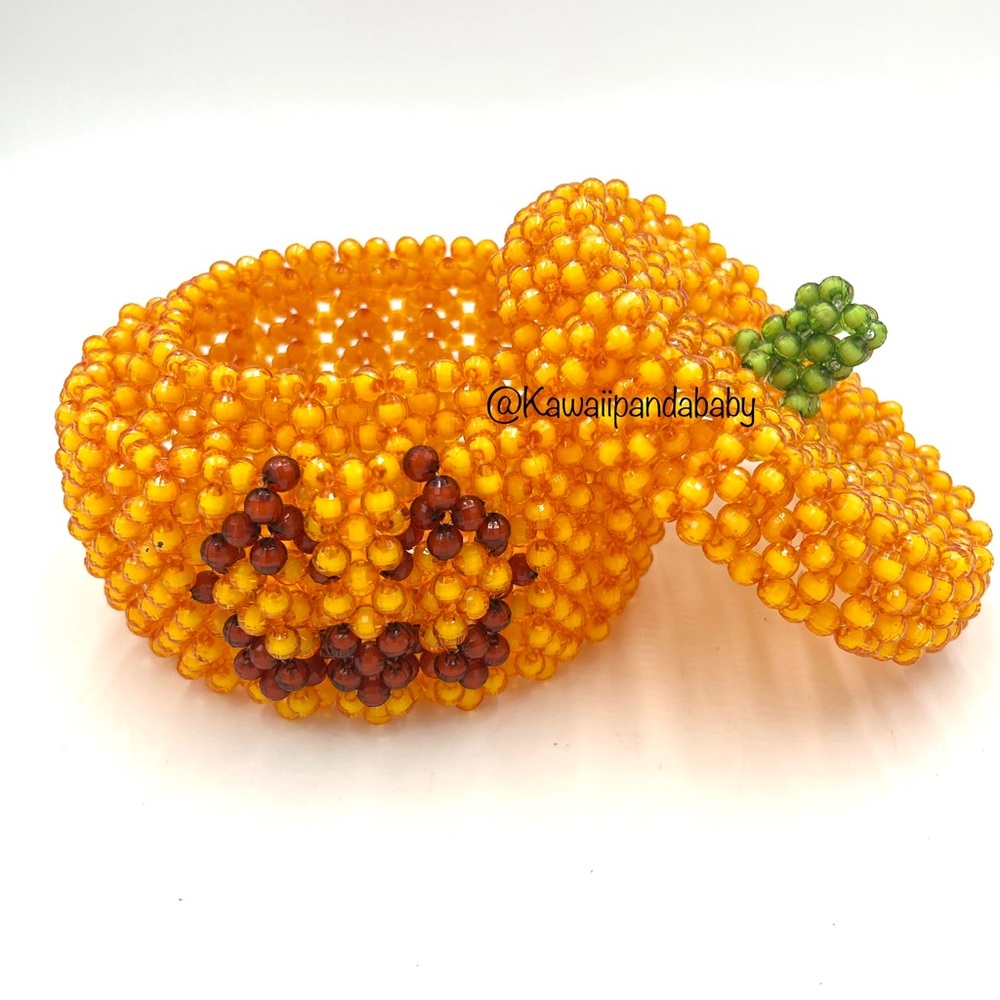 Y2K Vintage 00s Handmade Beaded Jack O Lantern Pumpkin Container Jar Storage Box